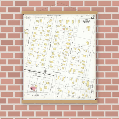 Old map wall art mockup — magnetic wood frame on brick wall — Sanborn Fire Insurance Map from Sturgis, Saint Joseph County, Michigan (1923), Sheet #0014