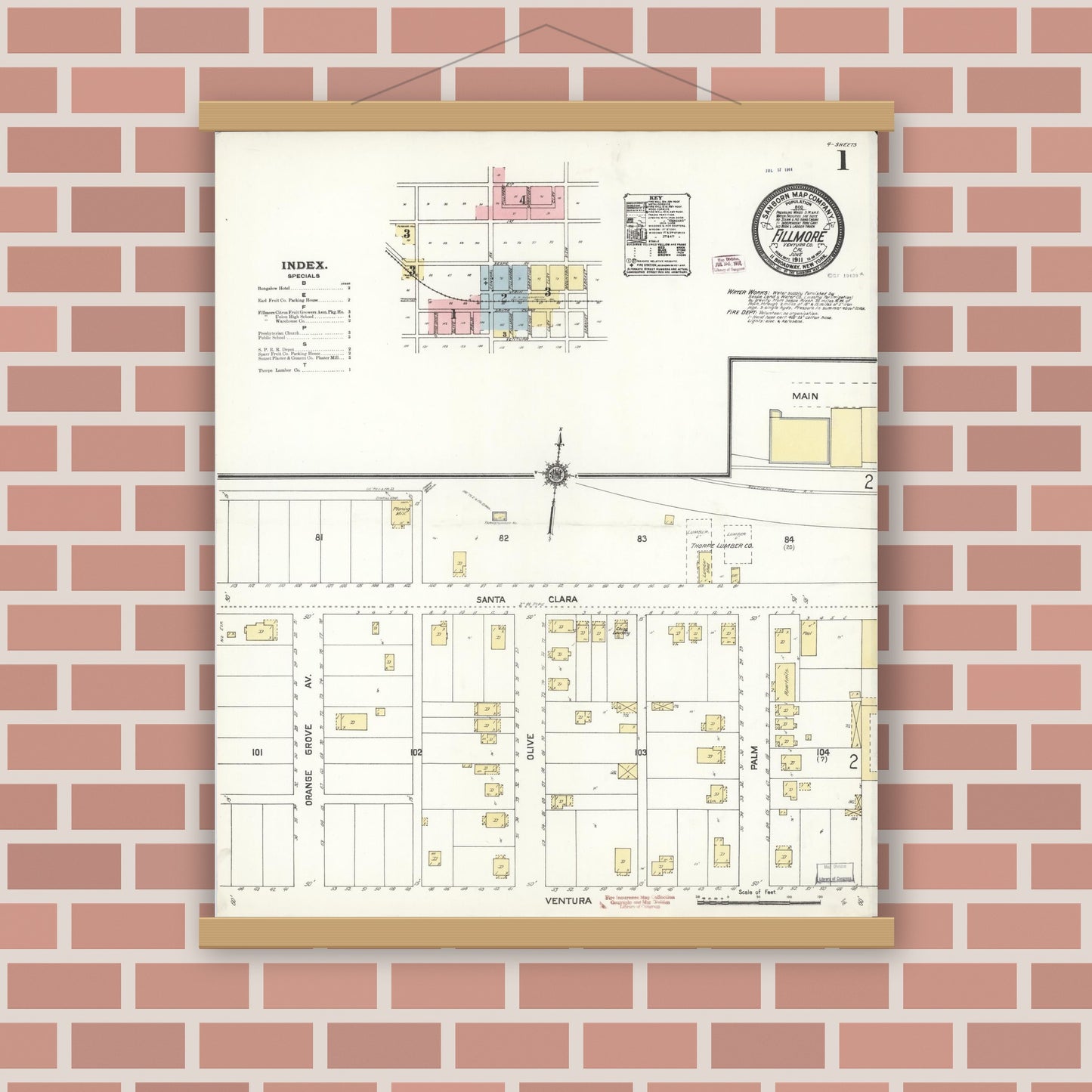 Old map wall art mockup — magnetic wood frame on brick wall — Sanborn Fire Insurance Map from Fillmore, Ventura County, California (1911) - Complete Map Set