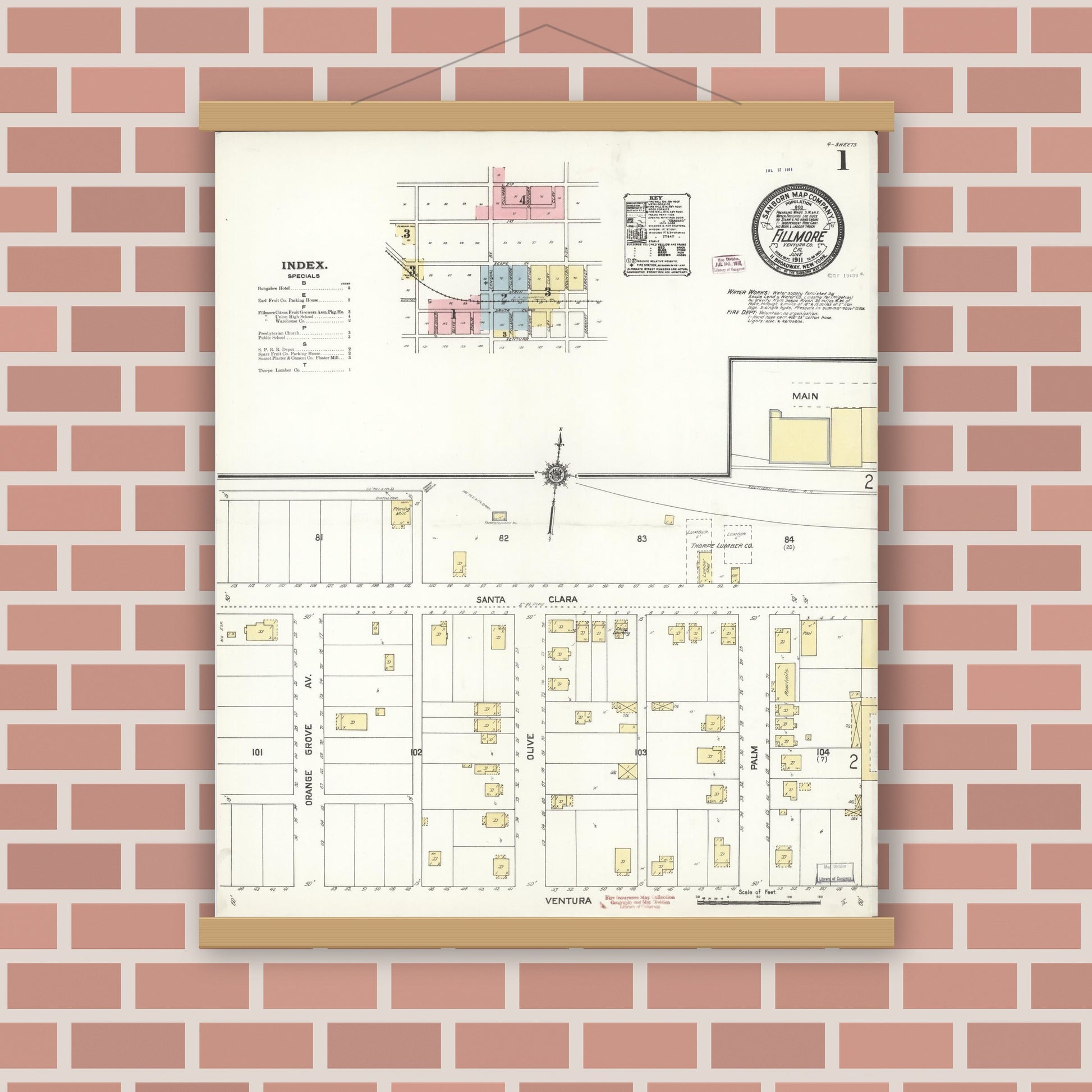 Old map wall art mockup — magnetic wood frame on brick wall — Sanborn Fire Insurance Map from Fillmore, Ventura County, California (1911) - Complete Map Set