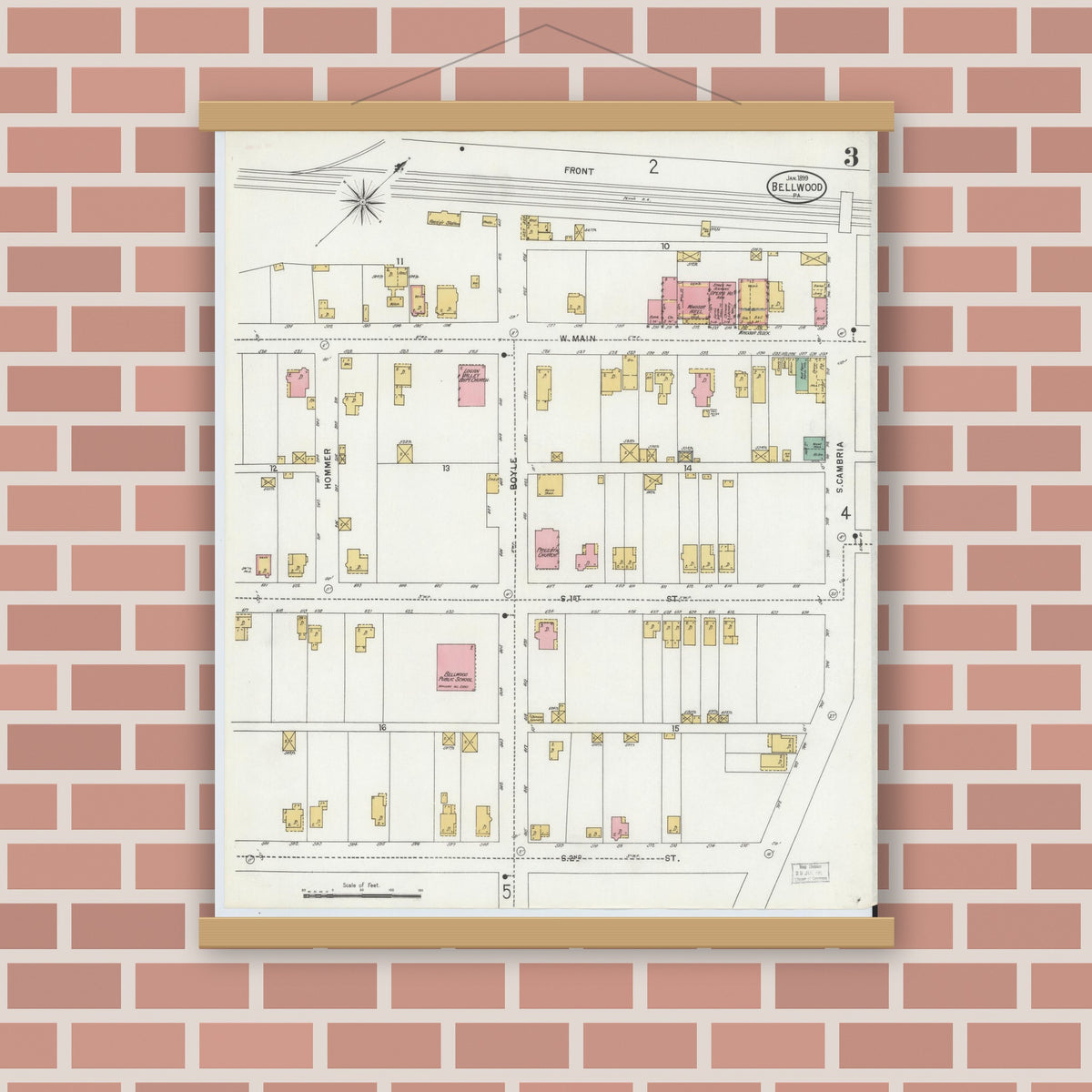 Old map wall art mockup — magnetic wood frame on brick wall — Sanborn Fire Insurance Map from Bellwood, Blair County, Pennsylvania (1899), Sheet #0003