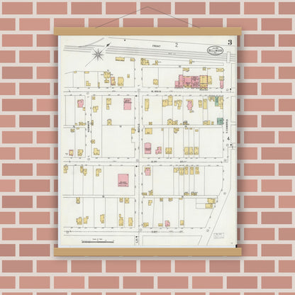 Old map wall art mockup — magnetic wood frame on brick wall — Sanborn Fire Insurance Map from Bellwood, Blair County, Pennsylvania (1899), Sheet #0003