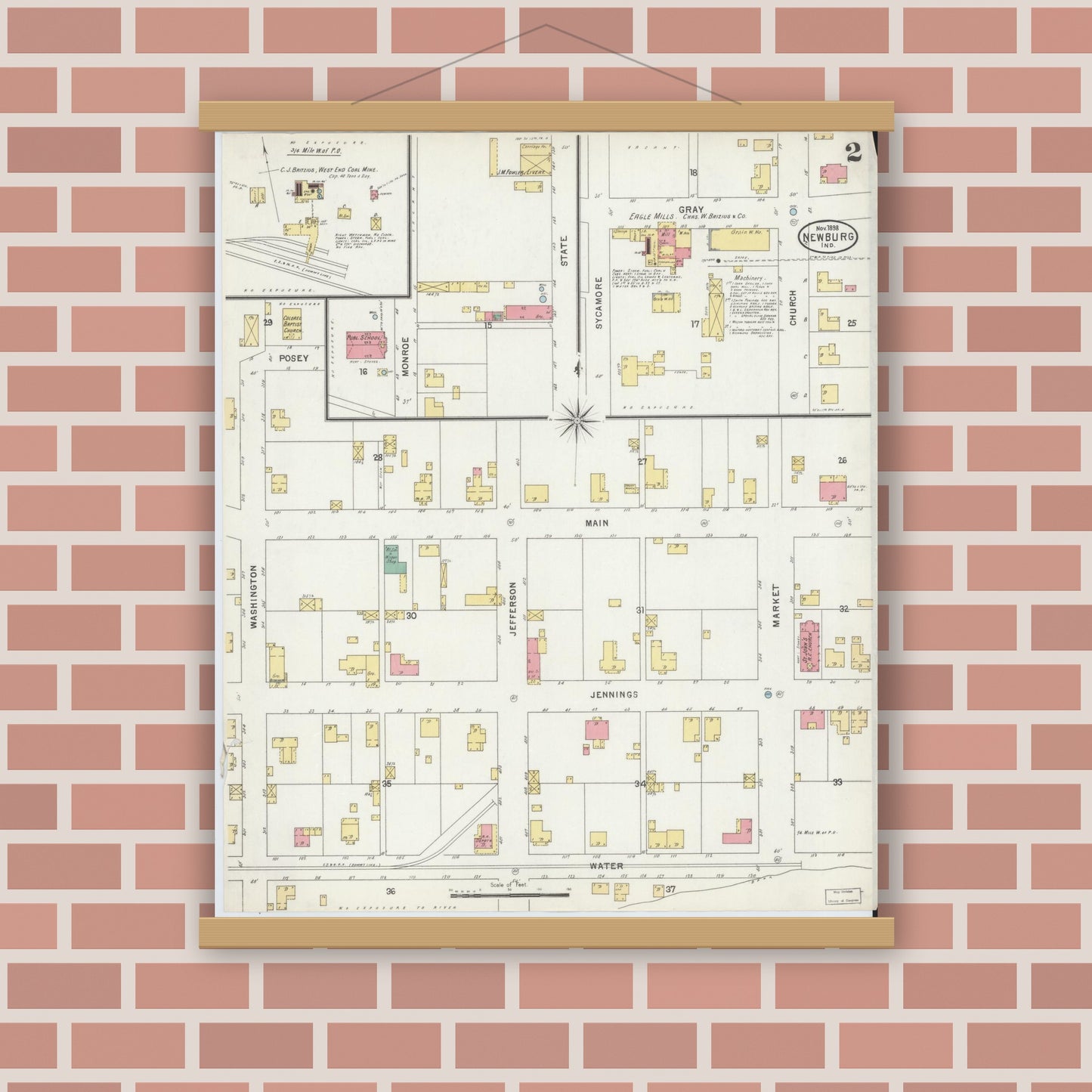Old map wall art mockup — magnetic wood frame on brick wall — Sanborn Fire Insurance Map from Newburgh, Warrick County, Indiana (1898), Sheet #0002