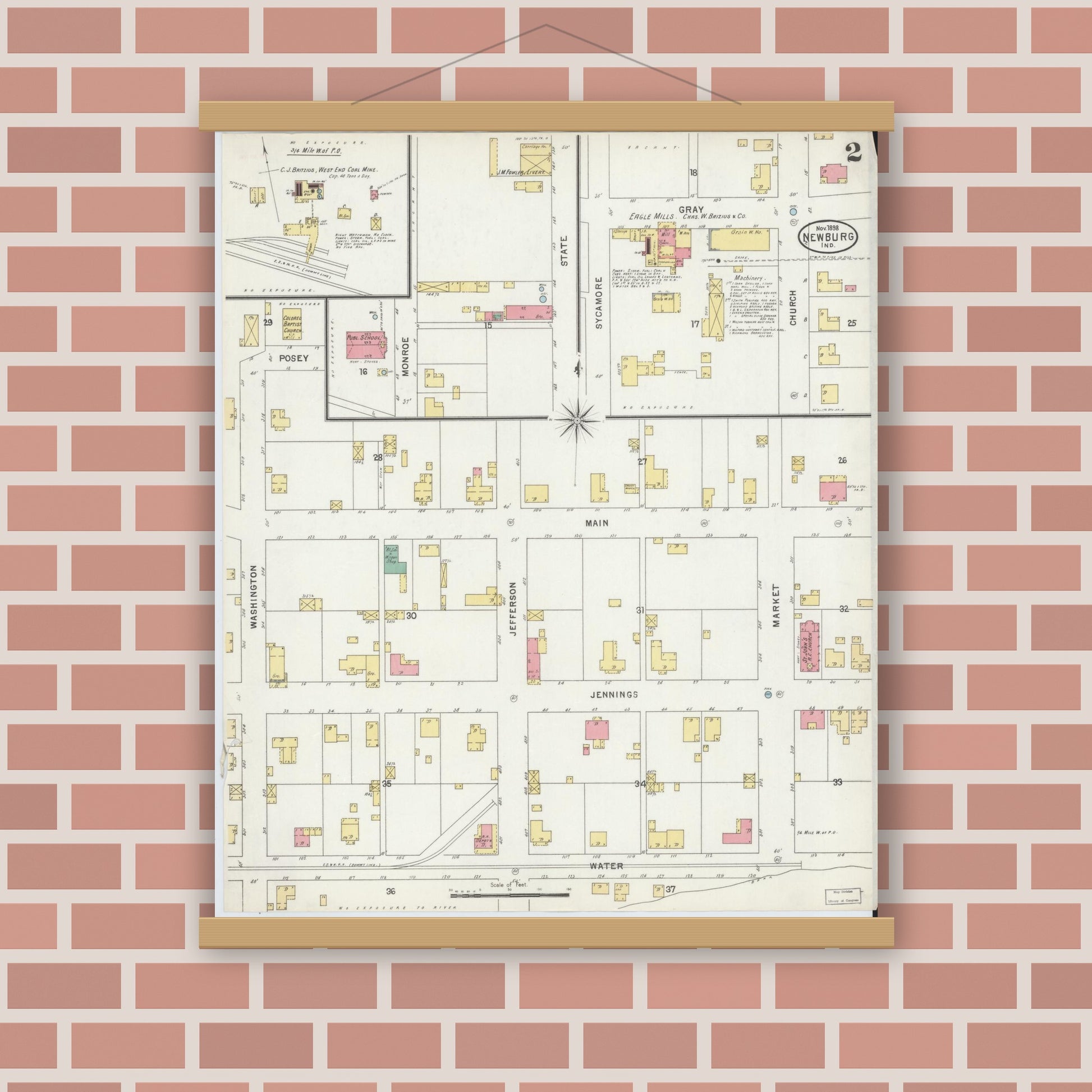 Old map wall art mockup — magnetic wood frame on brick wall — Sanborn Fire Insurance Map from Newburgh, Warrick County, Indiana (1898), Sheet #0002