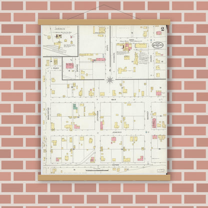 Old map wall art mockup — magnetic wood frame on brick wall — Sanborn Fire Insurance Map from Newburgh, Warrick County, Indiana (1898), Sheet #0002