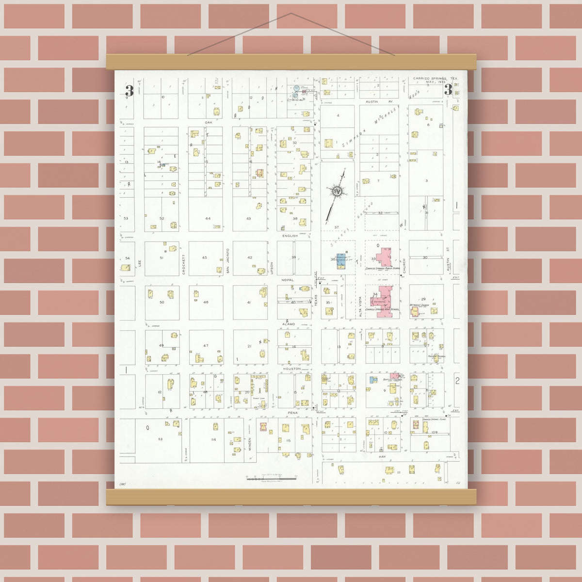 Old map wall art mockup — magnetic wood frame on brick wall — Sanborn Fire Insurance Map from Carrizo Springs, Dimmit County, Texas (1933), Sheet #0003