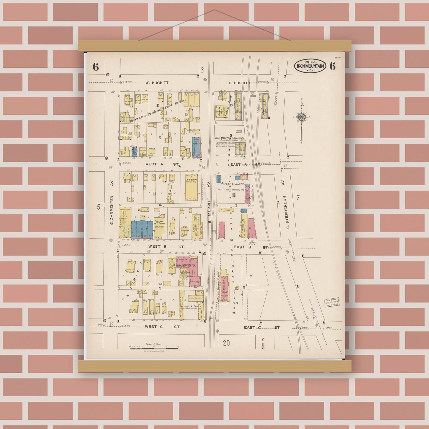 Old map wall art mockup — magnetic wood frame on brick wall — Sanborn Fire Insurance Map from Iron Mountain, Dickinson County, Michigan (1923), Sheet #0006