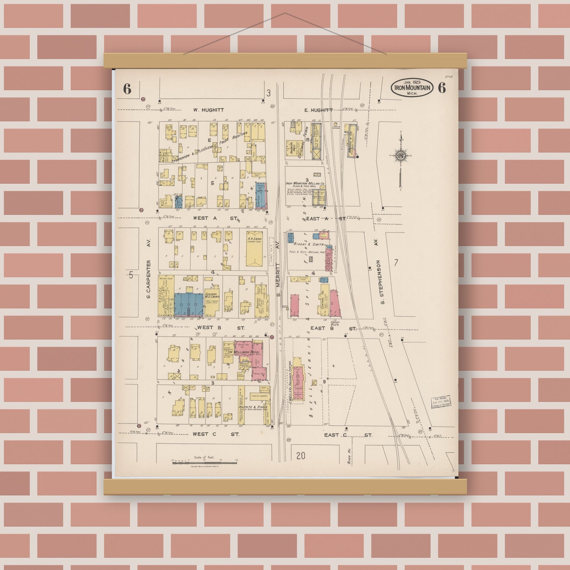 Old map wall art mockup — magnetic wood frame on brick wall — Sanborn Fire Insurance Map from Iron Mountain, Dickinson County, Michigan (1923), Sheet #0006