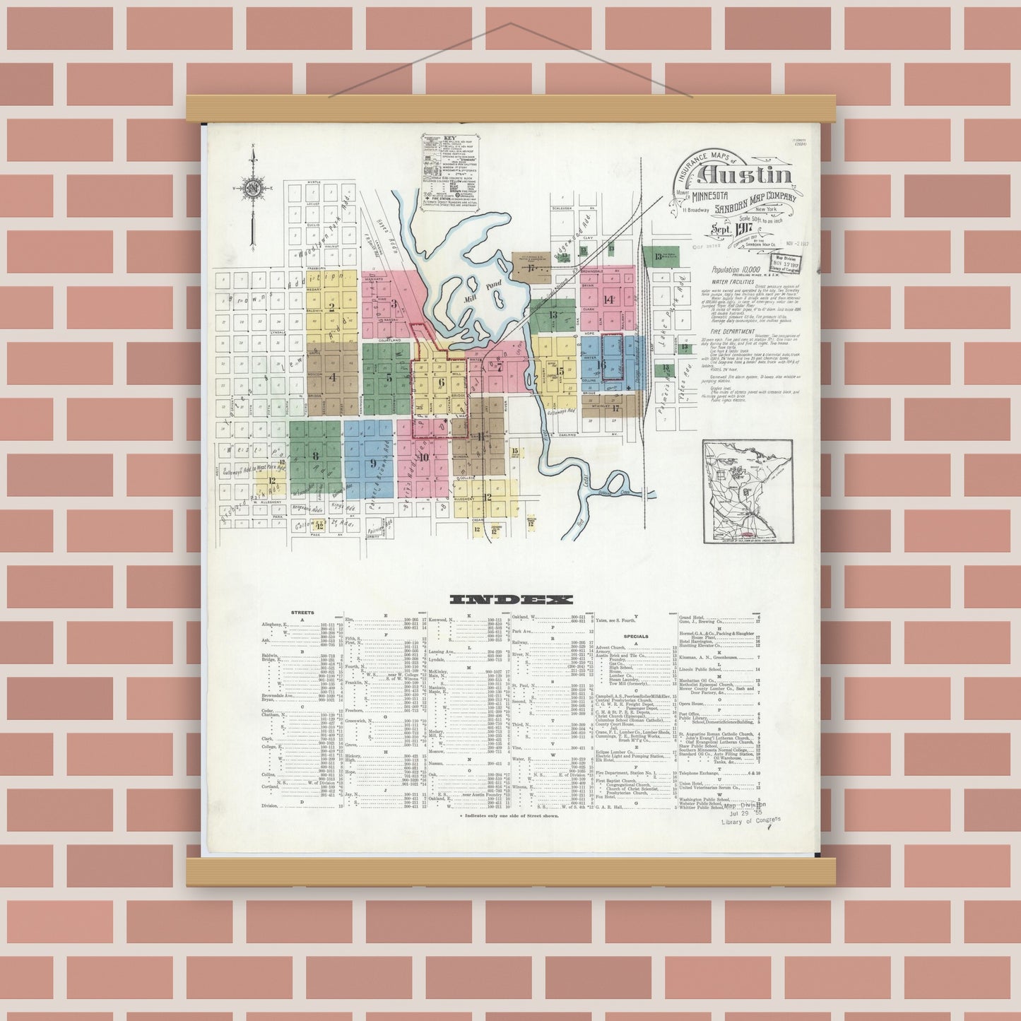 Old map wall art mockup — magnetic wood frame on brick wall — Sanborn Fire Insurance Map from Austin, Mower County, Minnesota (1917) - Complete Map Set