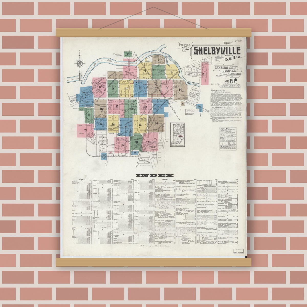 Old map wall art mockup — magnetic wood frame on brick wall — Sanborn Fire Insurance Map from Shelbyville, Shelby County, Indiana (1916) - Complete Map Set