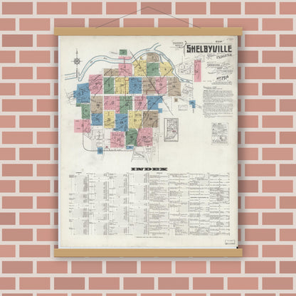 Old map wall art mockup — magnetic wood frame on brick wall — Sanborn Fire Insurance Map from Shelbyville, Shelby County, Indiana (1916) - Complete Map Set