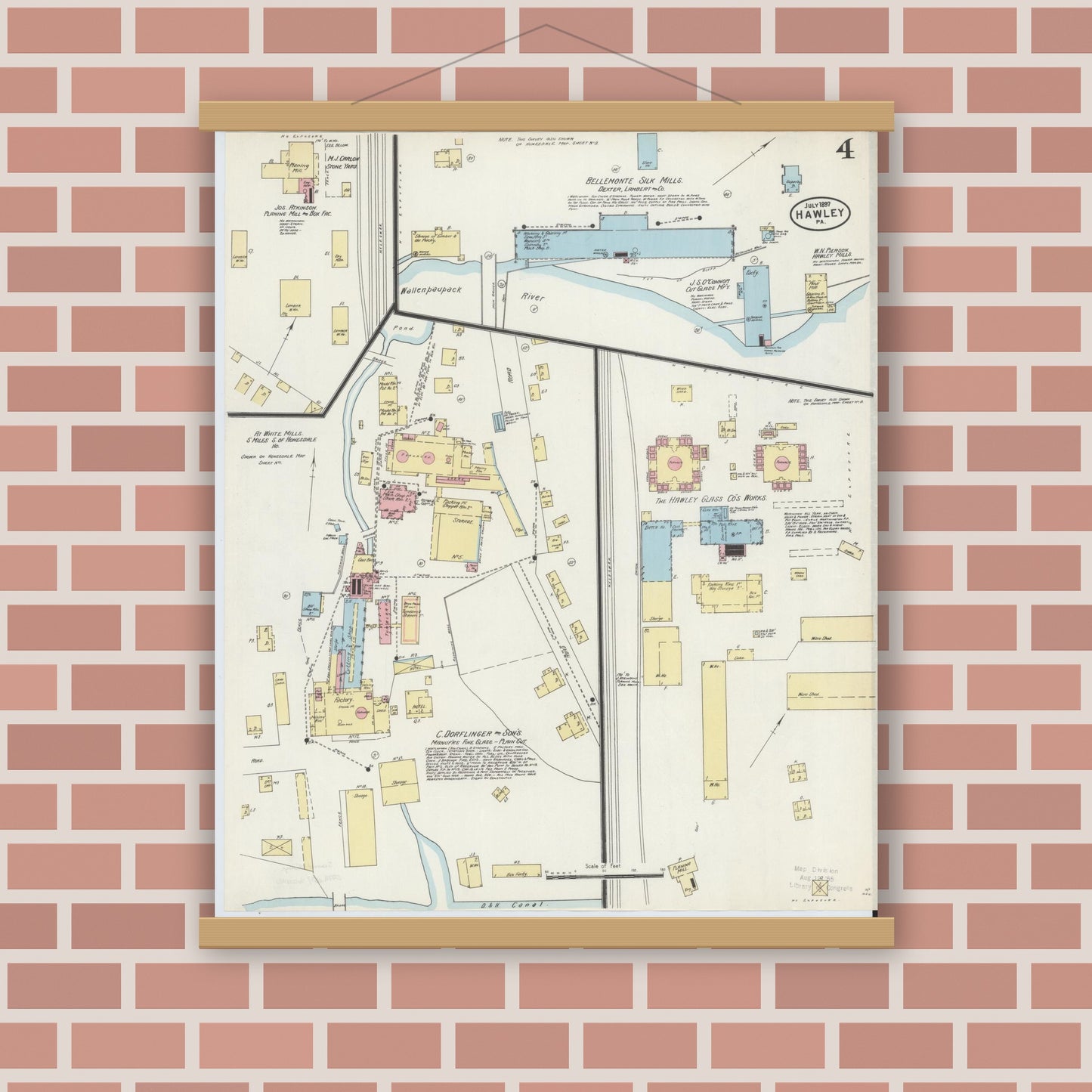 Old map wall art mockup — magnetic wood frame on brick wall — Sanborn Fire Insurance Map from Hawley, Wayne County, Pennsylvania (1897), Sheet #0004