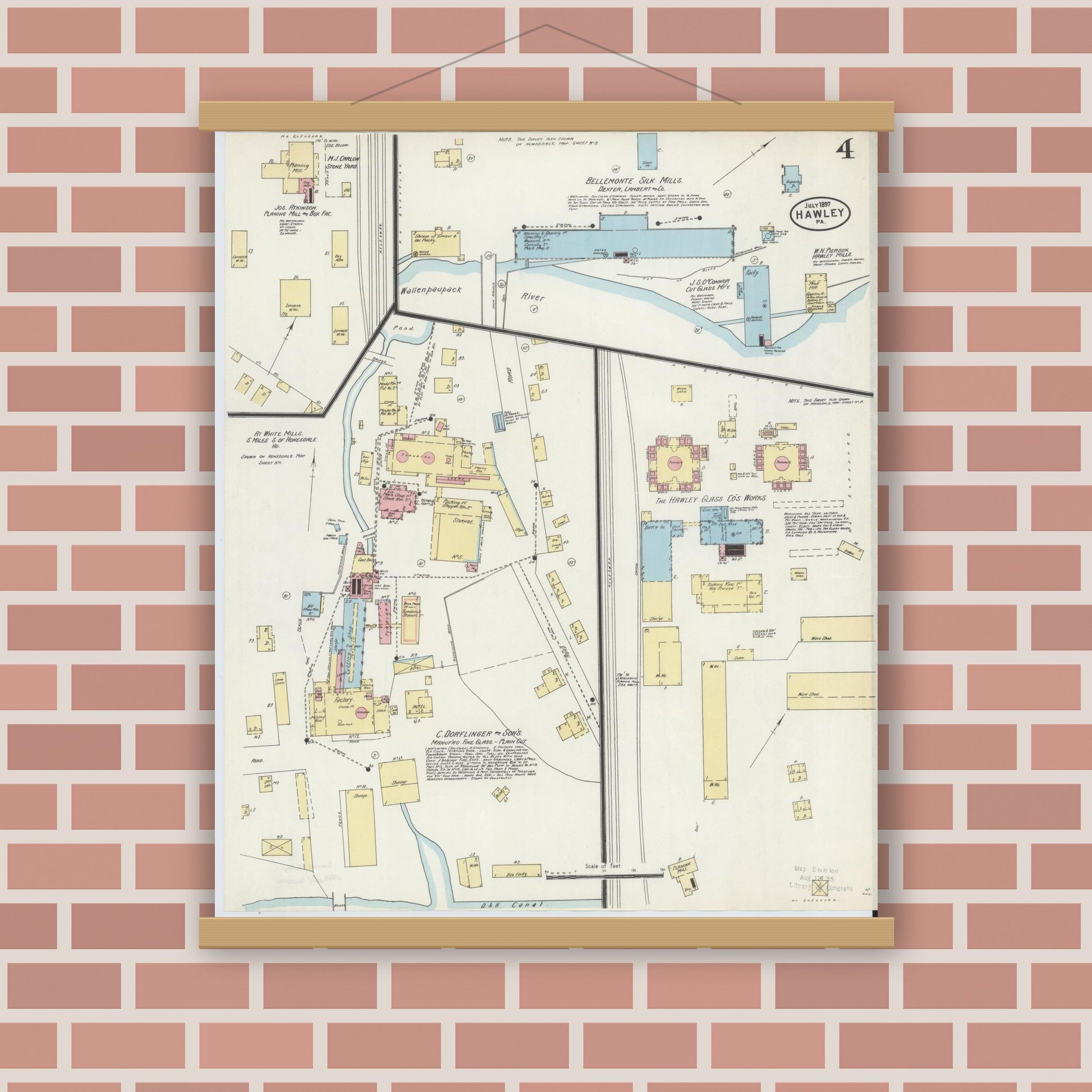 Old map wall art mockup — magnetic wood frame on brick wall — Sanborn Fire Insurance Map from Hawley, Wayne County, Pennsylvania (1897), Sheet #0004