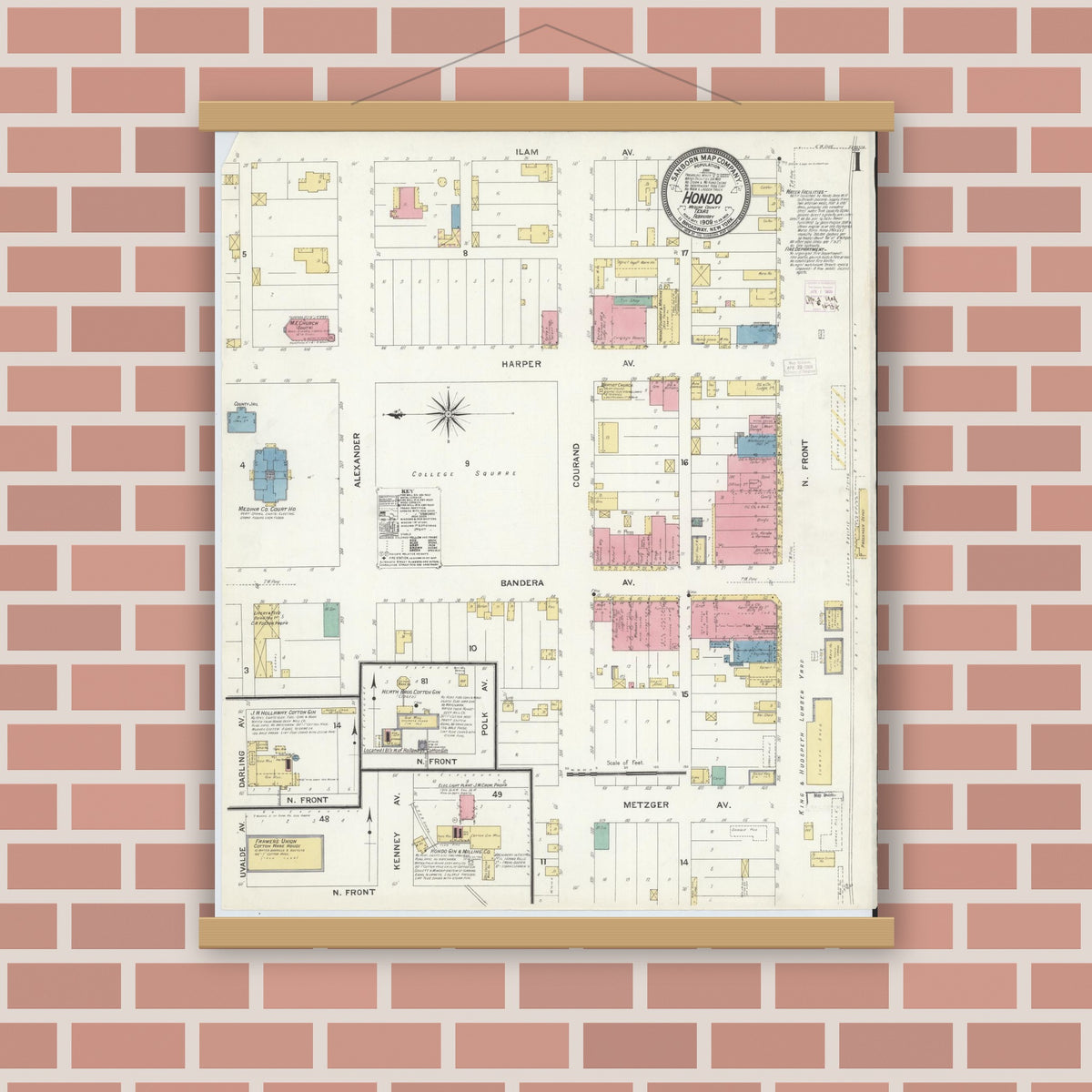 Old map wall art mockup — magnetic wood frame on brick wall — Sanborn Fire Insurance Map from Hondo, Medina County, Texas (1909) - Complete Map Set