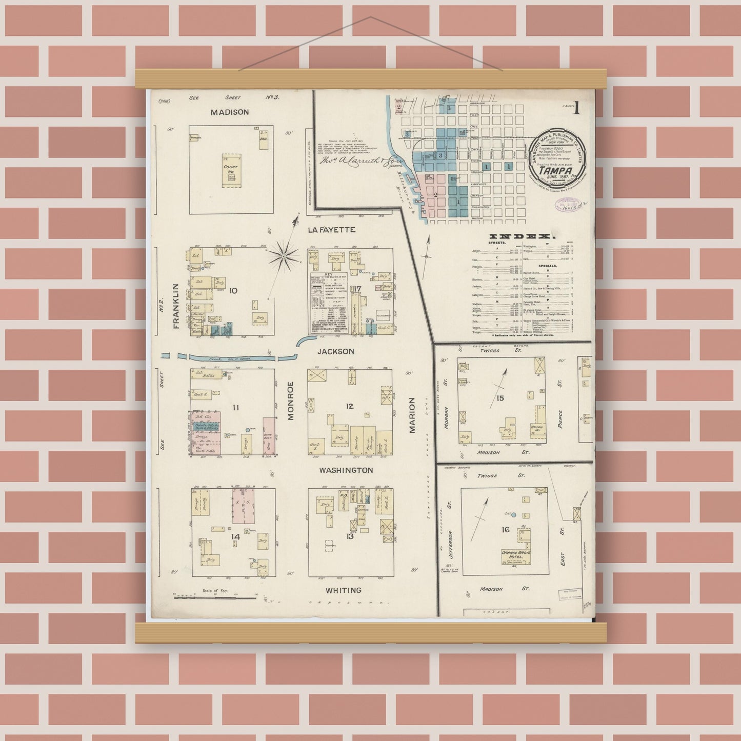 Old map wall art mockup — magnetic wood frame on brick wall — Sanborn Fire Insurance Map from Tampa, Hillsborough County, Florida (1887) - Complete Map Set