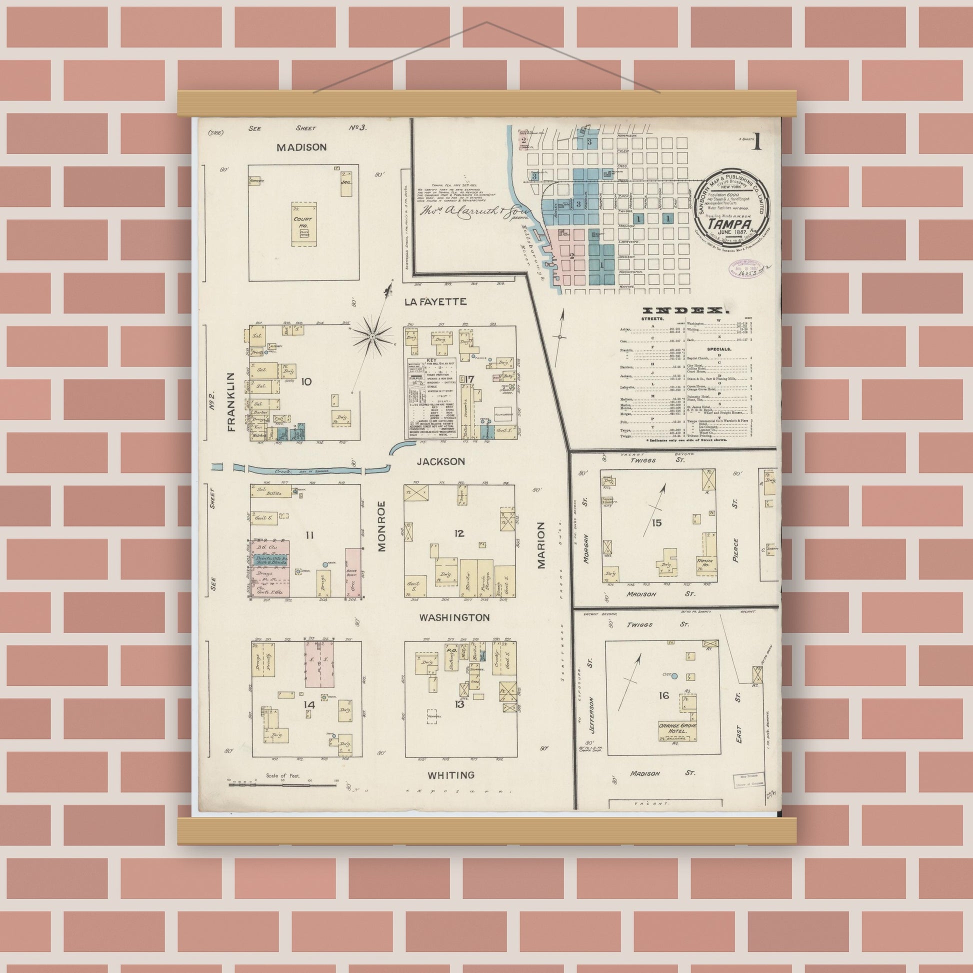 Old map wall art mockup — magnetic wood frame on brick wall — Sanborn Fire Insurance Map from Tampa, Hillsborough County, Florida (1887) - Complete Map Set