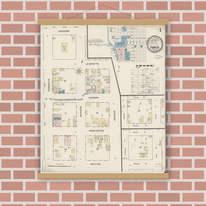 Old map wall art mockup — magnetic wood frame on brick wall — Sanborn Fire Insurance Map from Tampa, Hillsborough County, Florida (1887) - Complete Map Set