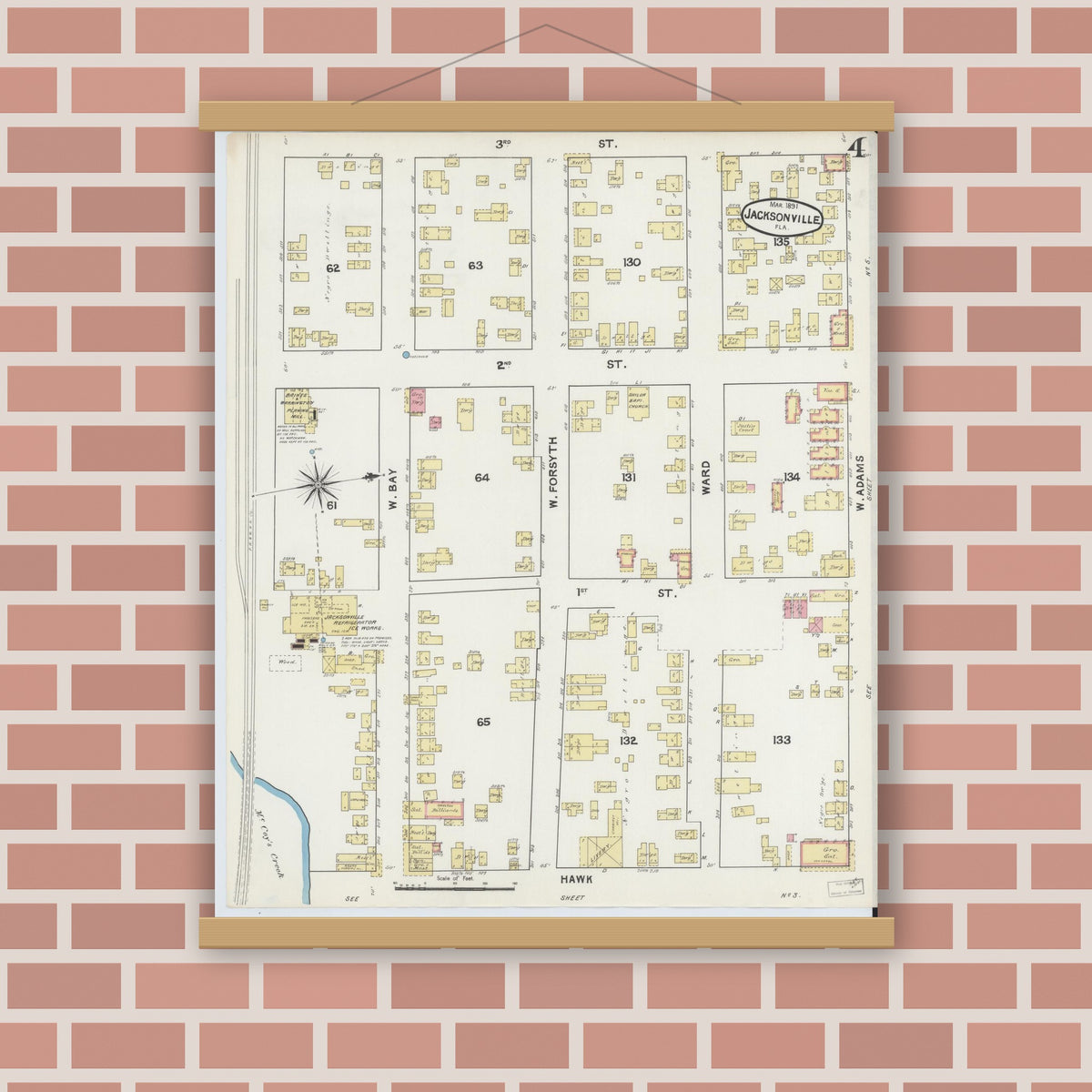 Old map wall art mockup — magnetic wood frame on brick wall — Sanborn Fire Insurance Map from Jacksonville, Duval County, Florida (1891), Sheet #0004