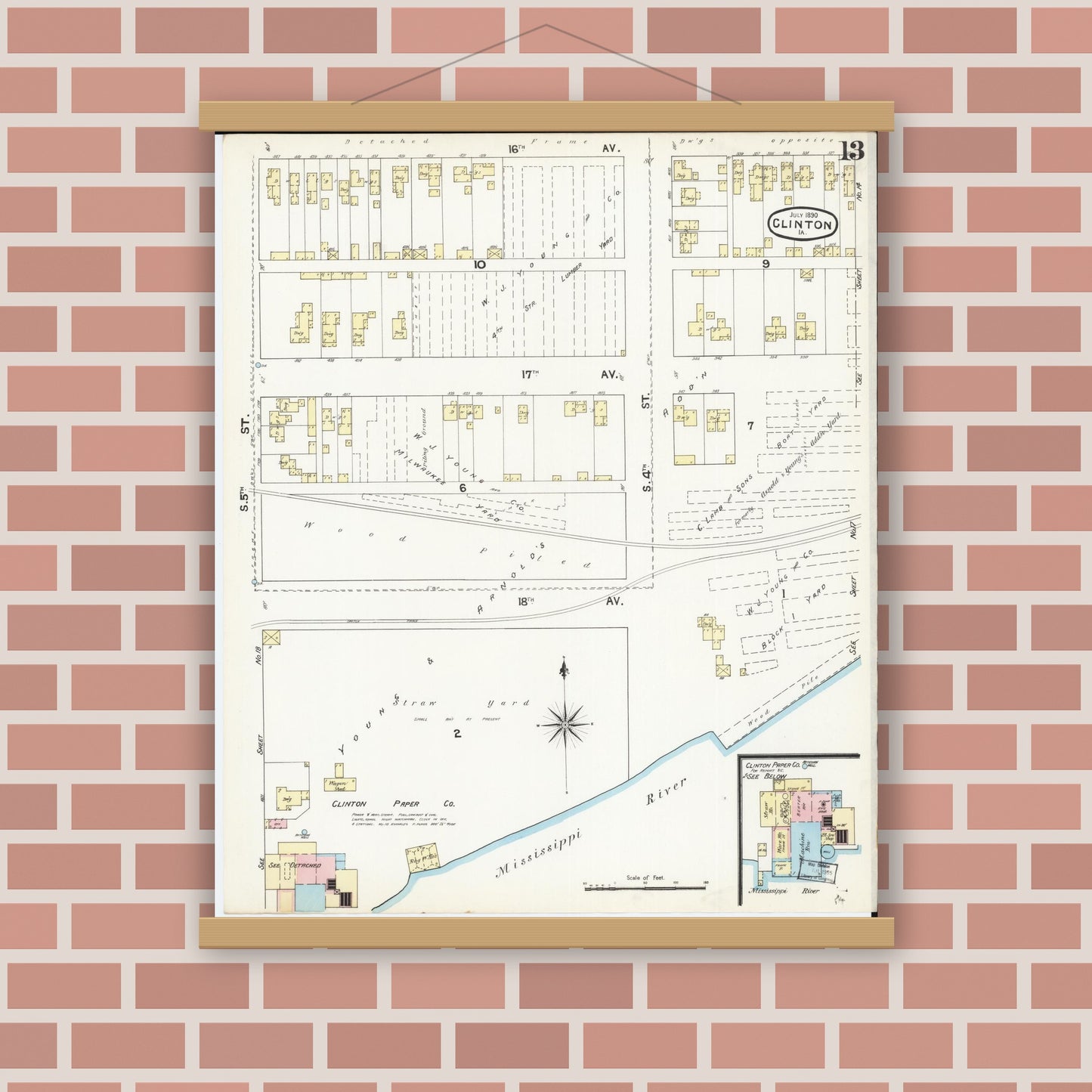 Old map wall art mockup — magnetic wood frame on brick wall — Sanborn Fire Insurance Map from Clinton, Clinton County, Iowa (1890), Sheet #0013