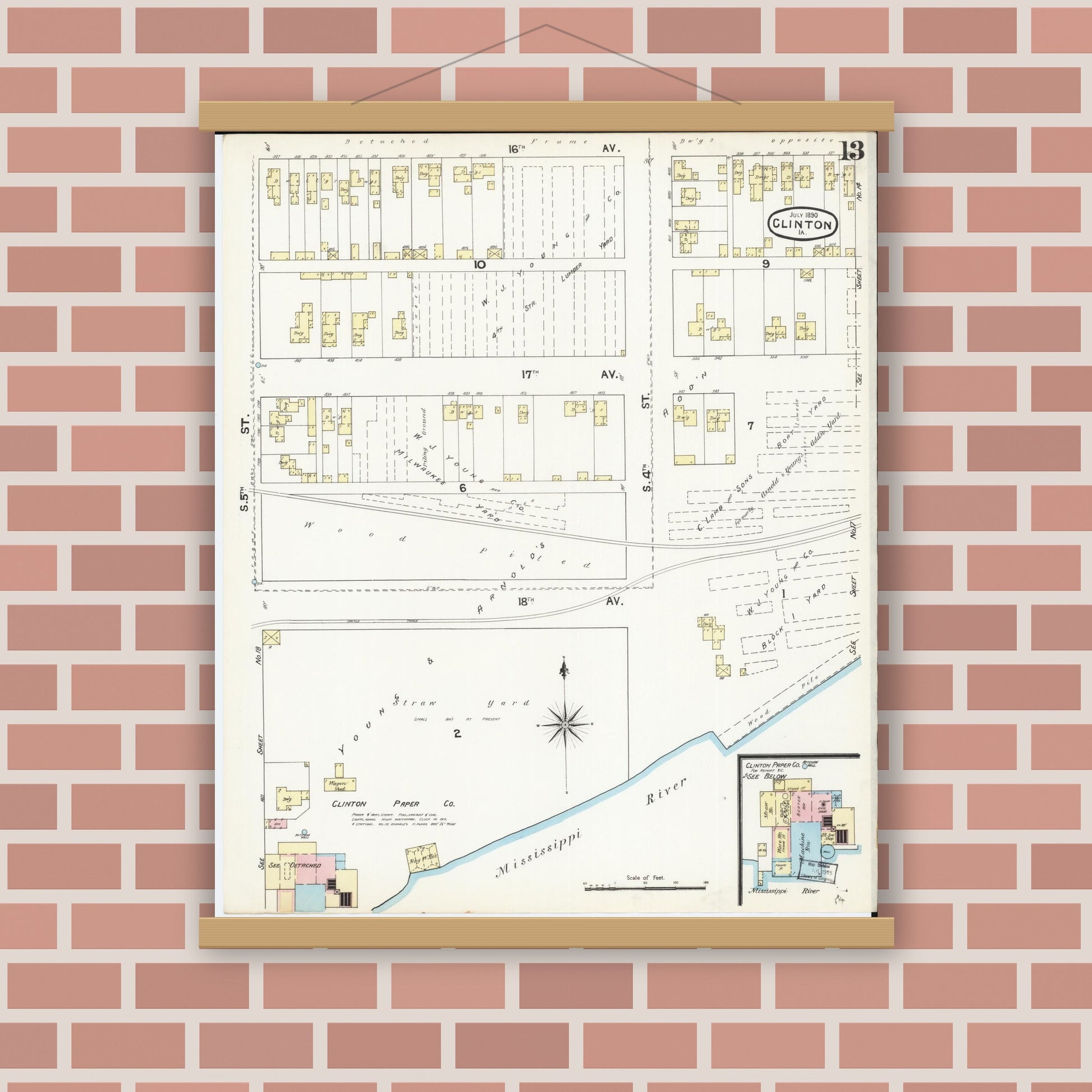 Old map wall art mockup — magnetic wood frame on brick wall — Sanborn Fire Insurance Map from Clinton, Clinton County, Iowa (1890), Sheet #0013