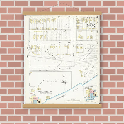 Old map wall art mockup — magnetic wood frame on brick wall — Sanborn Fire Insurance Map from Clinton, Clinton County, Iowa (1890), Sheet #0013