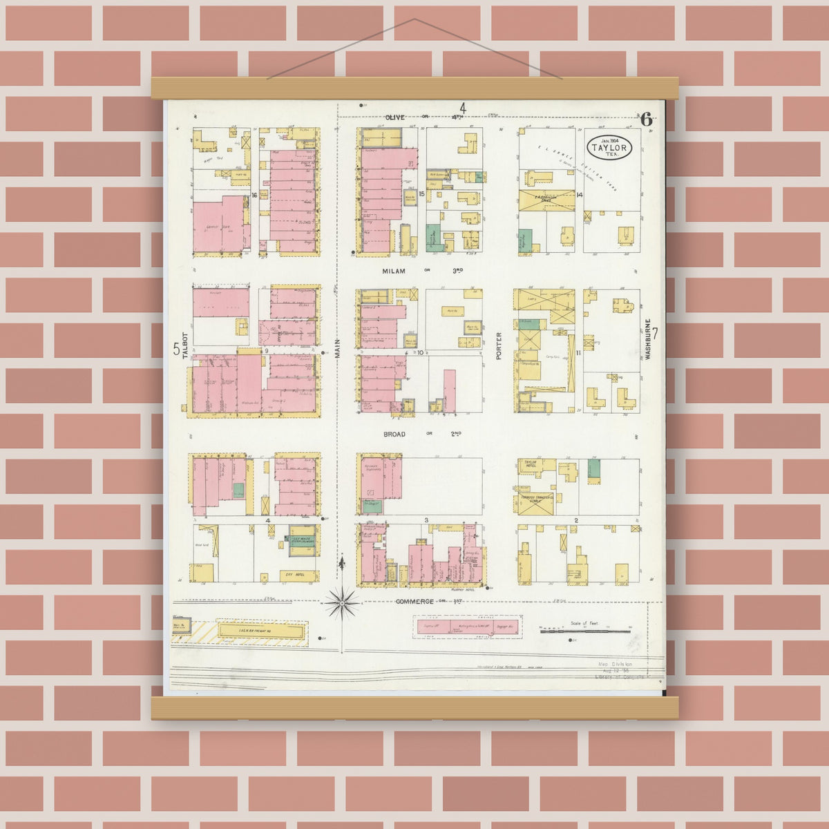 Old map wall art mockup — magnetic wood frame on brick wall — Sanborn Fire Insurance Map from Taylor, Williamson County, Texas (1904), Sheet #0006