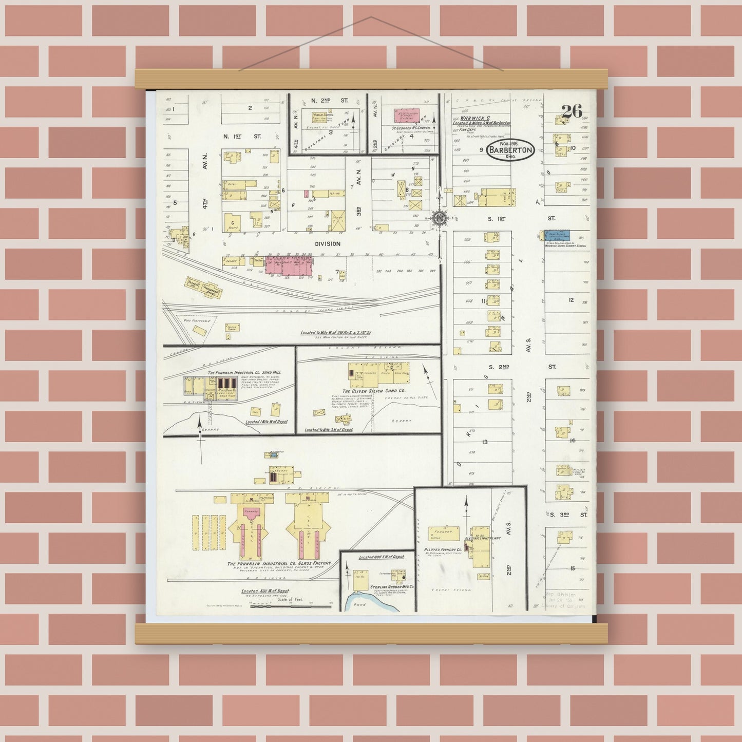 Old map wall art mockup — magnetic wood frame on brick wall — Sanborn Fire Insurance Map from Barberton, Summit County, Ohio (1916), Sheet #0026
