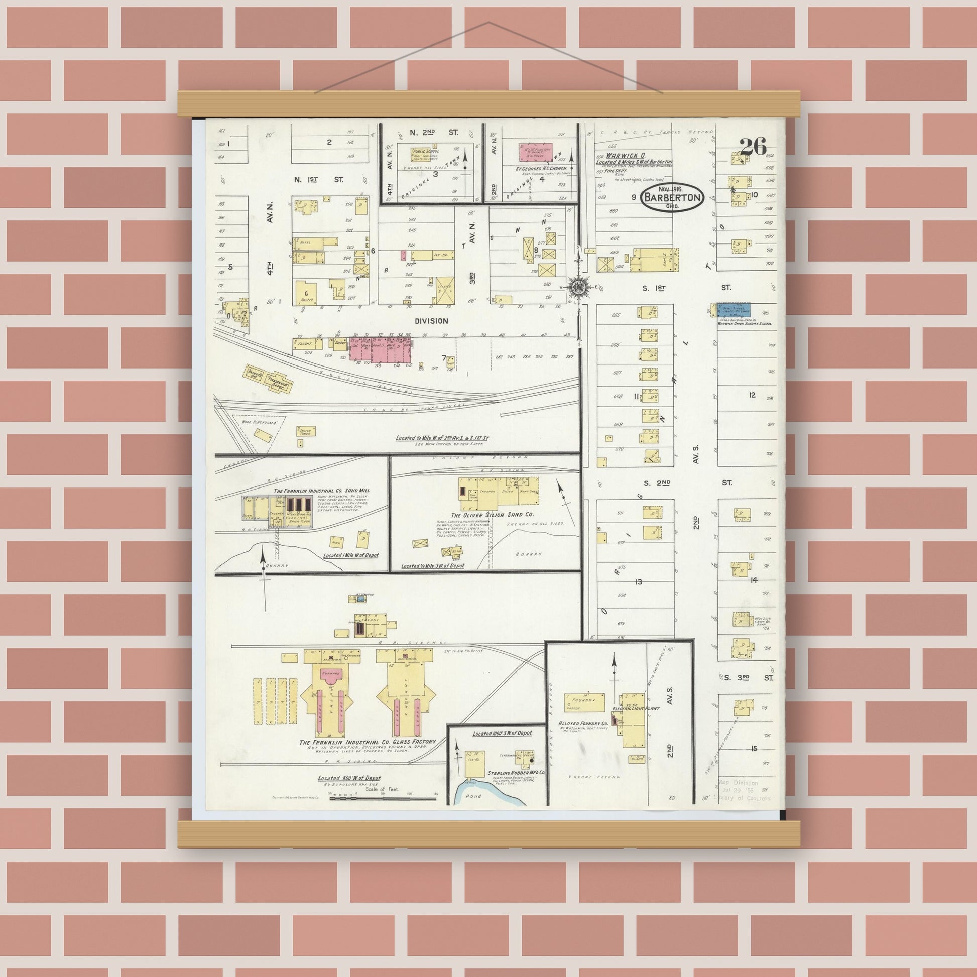 Old map wall art mockup — magnetic wood frame on brick wall — Sanborn Fire Insurance Map from Barberton, Summit County, Ohio (1916), Sheet #0026