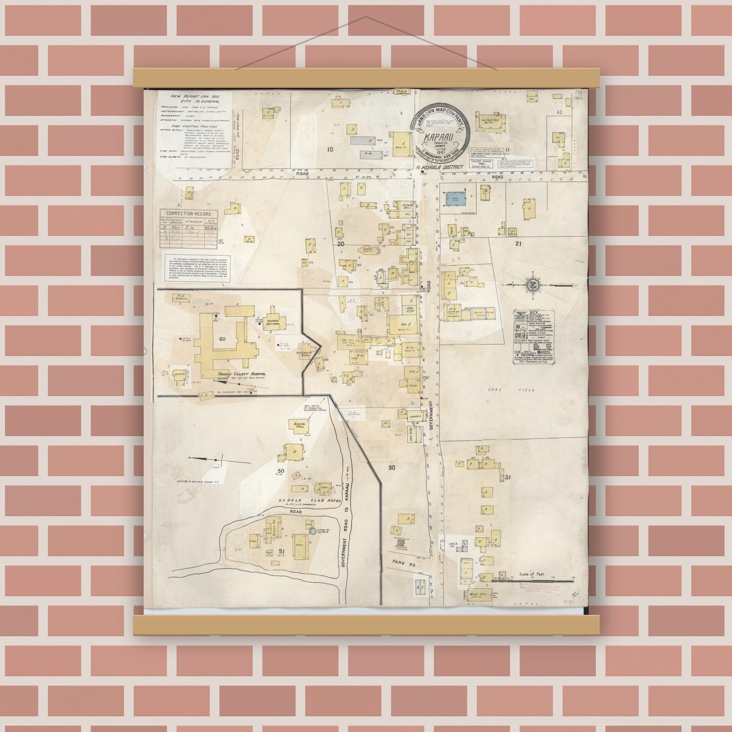 Old map wall art mockup — magnetic wood frame on brick wall — Sanborn Fire Insurance Map from Kapaau, Hawaii County, Hawaii (1956), Sheet #0001