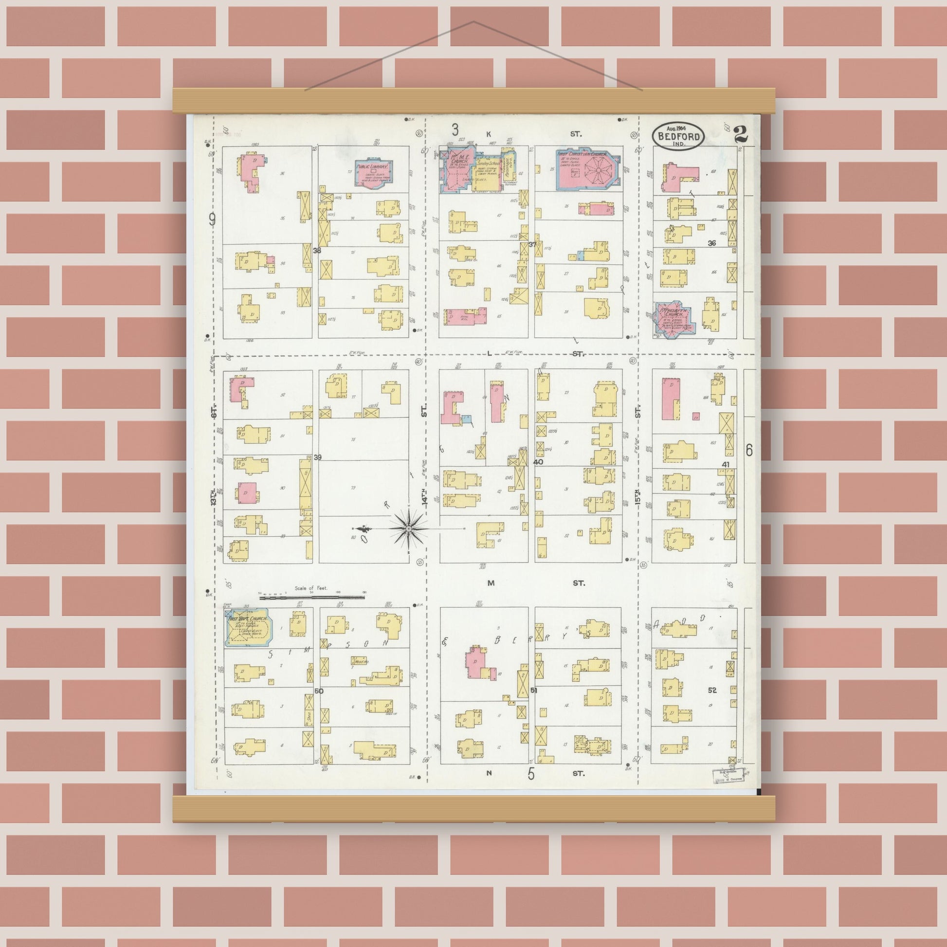 Old map wall art mockup — magnetic wood frame on brick wall — Sanborn Fire Insurance Map from Bedford, Lawrence County, Indiana (1904), Sheet #0002
