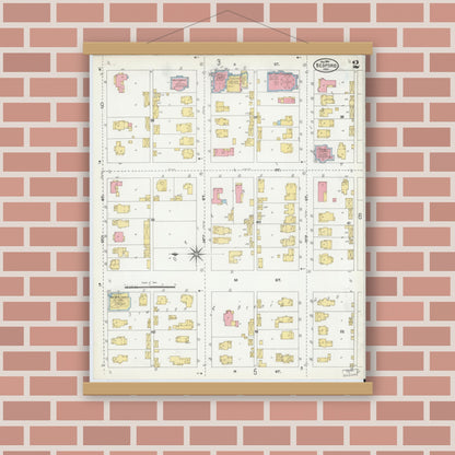 Old map wall art mockup — magnetic wood frame on brick wall — Sanborn Fire Insurance Map from Bedford, Lawrence County, Indiana (1904), Sheet #0002