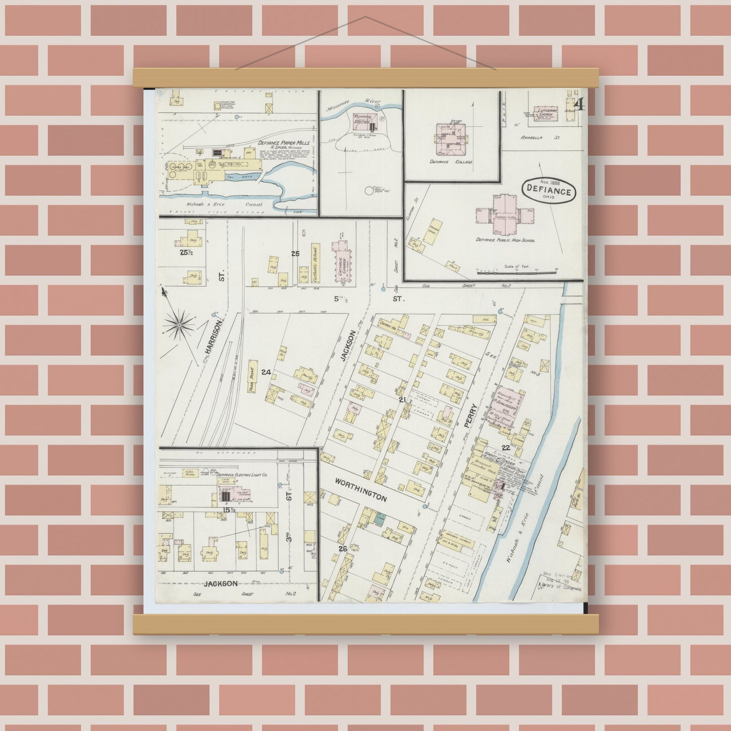 Old map wall art mockup — magnetic wood frame on brick wall — Sanborn Fire Insurance Map from Defiance, Defiance County, Ohio (1888), Sheet #0004