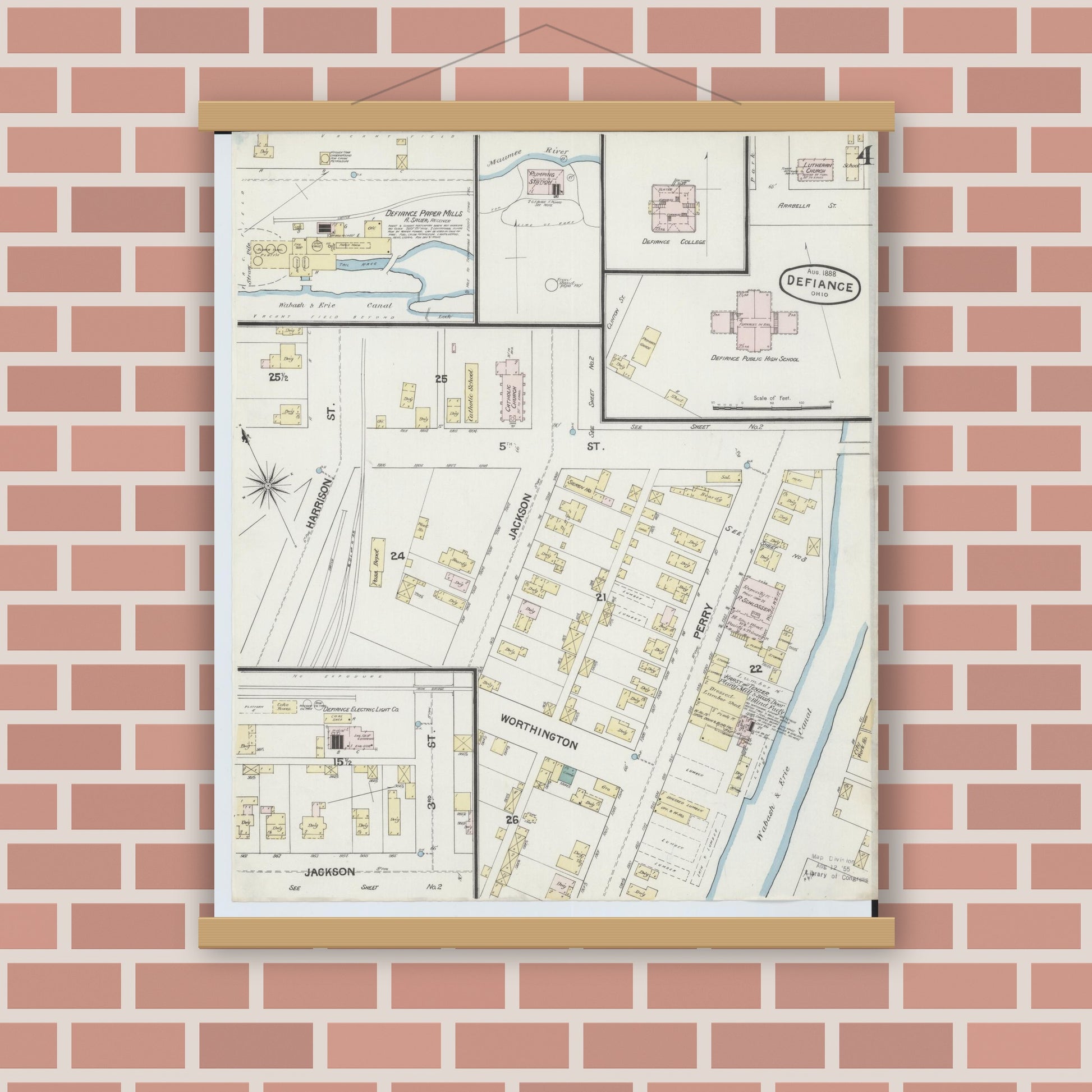 Old map wall art mockup — magnetic wood frame on brick wall — Sanborn Fire Insurance Map from Defiance, Defiance County, Ohio (1888), Sheet #0004