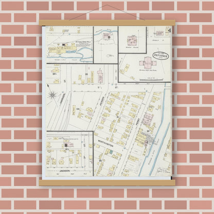 Old map wall art mockup — magnetic wood frame on brick wall — Sanborn Fire Insurance Map from Defiance, Defiance County, Ohio (1888), Sheet #0004