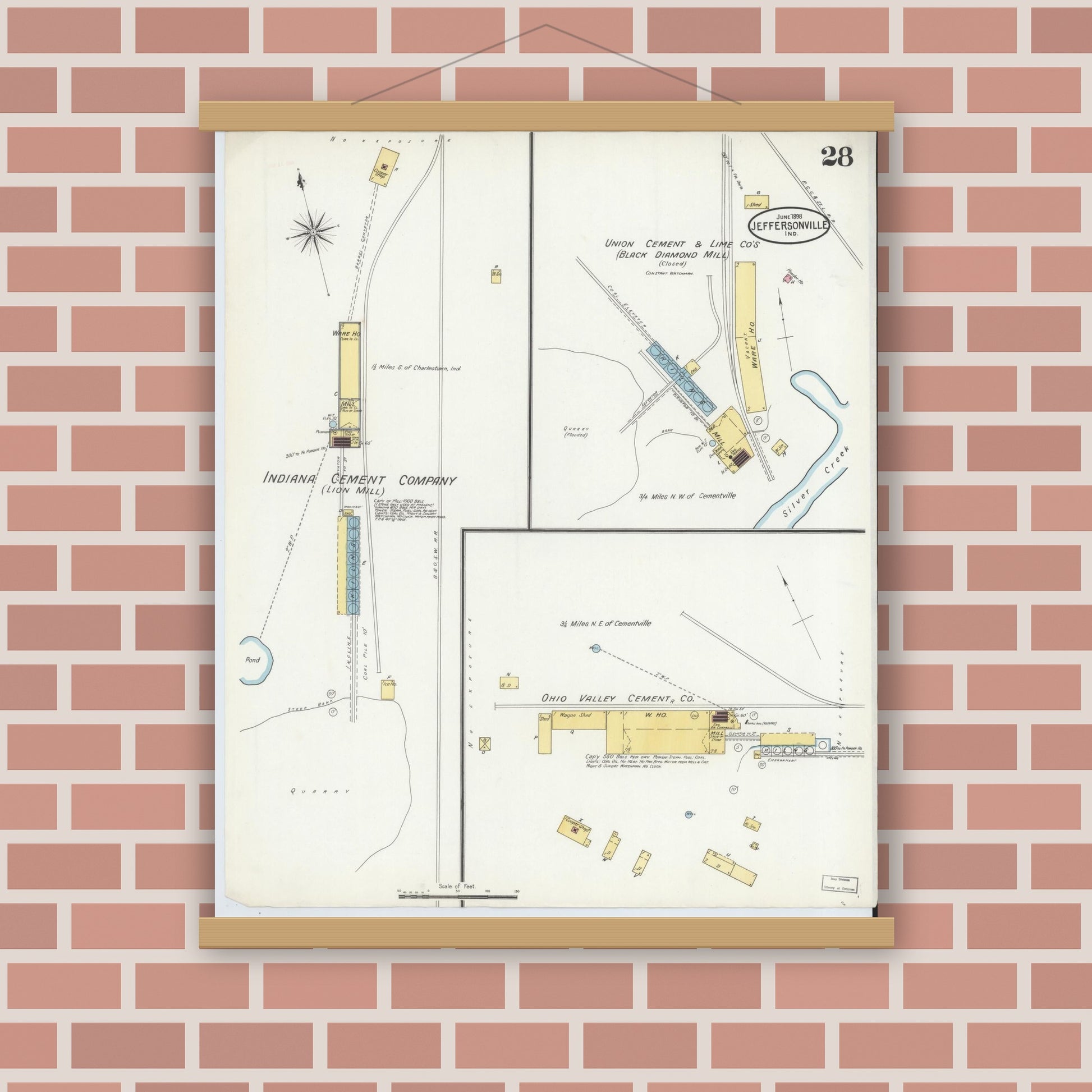 Old map wall art mockup — magnetic wood frame on brick wall — Sanborn Fire Insurance Map from Jeffersonville, Clark County, Indiana (1898), Sheet #0028