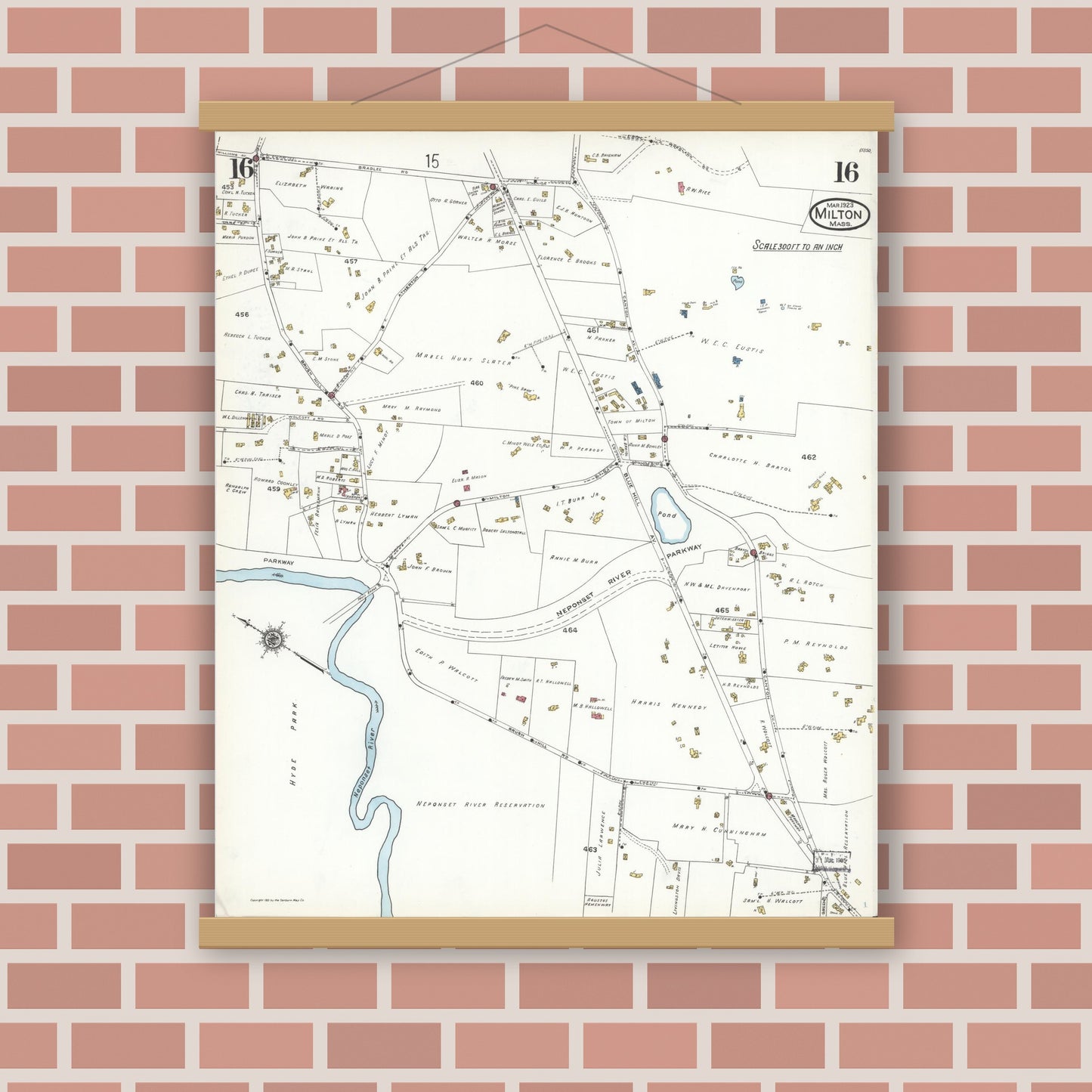 Old map wall art mockup — magnetic wood frame on brick wall — Sanborn Fire Insurance Map from Milton, Norfolk County, Massachusetts (1923), Sheet #0016