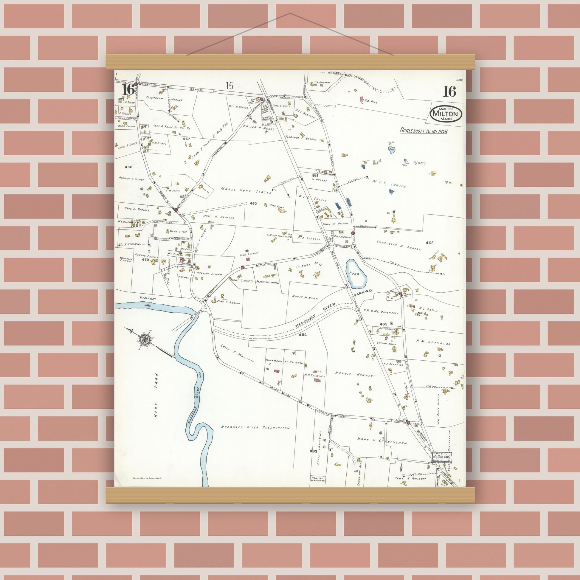 Old map wall art mockup — magnetic wood frame on brick wall — Sanborn Fire Insurance Map from Milton, Norfolk County, Massachusetts (1923), Sheet #0016