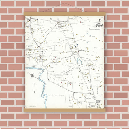 Old map wall art mockup — magnetic wood frame on brick wall — Sanborn Fire Insurance Map from Milton, Norfolk County, Massachusetts (1923), Sheet #0016