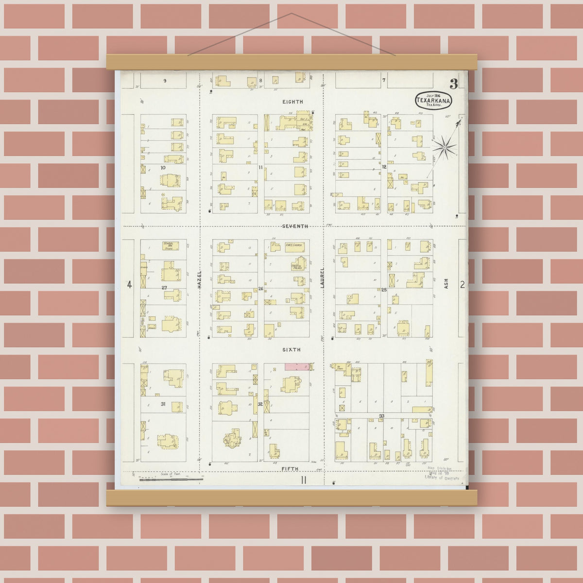 Old map wall art mockup — magnetic wood frame on brick wall — Sanborn Fire Insurance Map from Texarkana, Bowie County, Texas (1896), Sheet #0003
