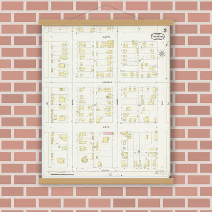 Old map wall art mockup — magnetic wood frame on brick wall — Sanborn Fire Insurance Map from Texarkana, Bowie County, Texas (1896), Sheet #0003