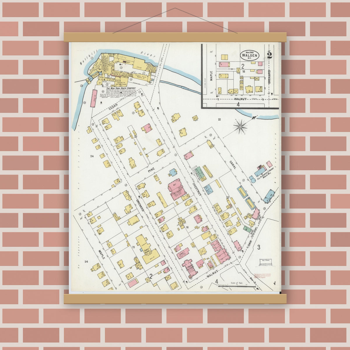 Old map wall art mockup — magnetic wood frame on brick wall — Sanborn Fire Insurance Map from Walden, Orange County, New York (1900), Sheet #0002