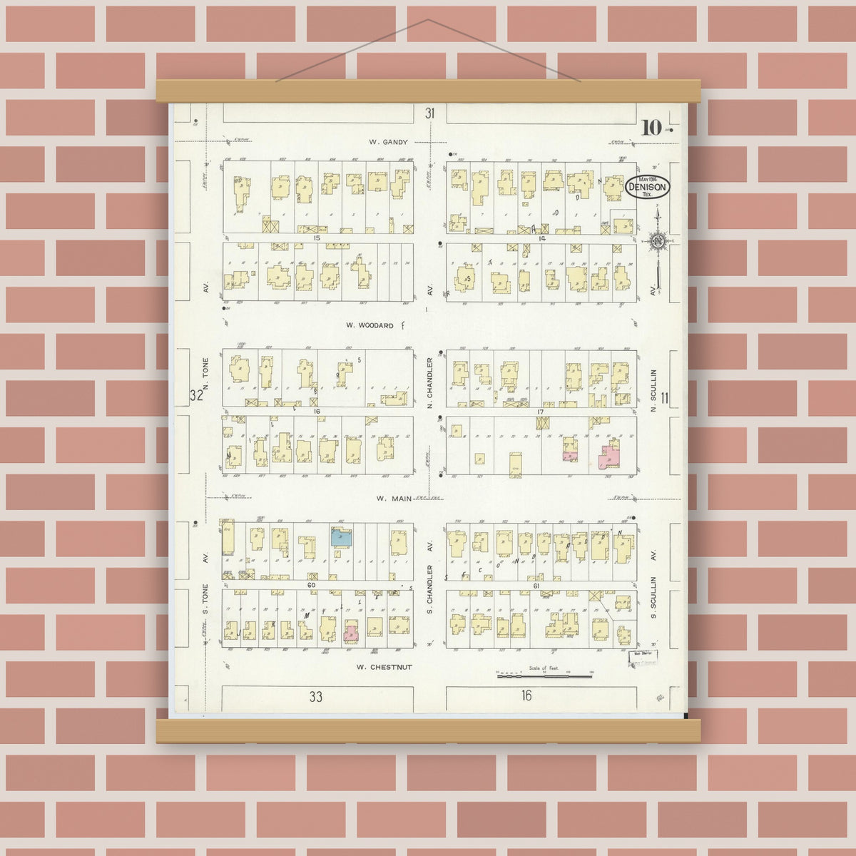 Old map wall art mockup — magnetic wood frame on brick wall — Sanborn Fire Insurance Map from Denison, Grayson County, Texas (1914), Sheet #0010