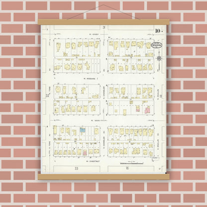 Old map wall art mockup — magnetic wood frame on brick wall — Sanborn Fire Insurance Map from Denison, Grayson County, Texas (1914), Sheet #0010
