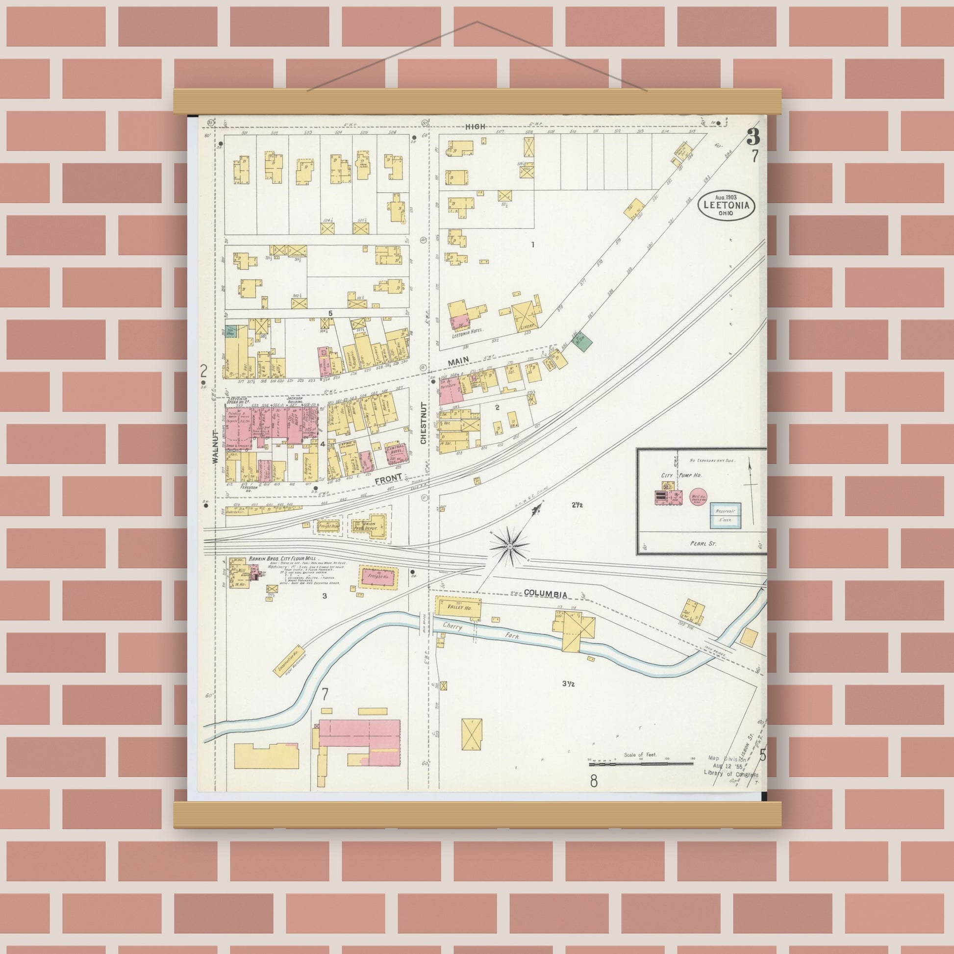 Old map wall art mockup — magnetic wood frame on brick wall — Sanborn Fire Insurance Map from Leetonia, Columbiana County, Ohio (1903), Sheet #0003