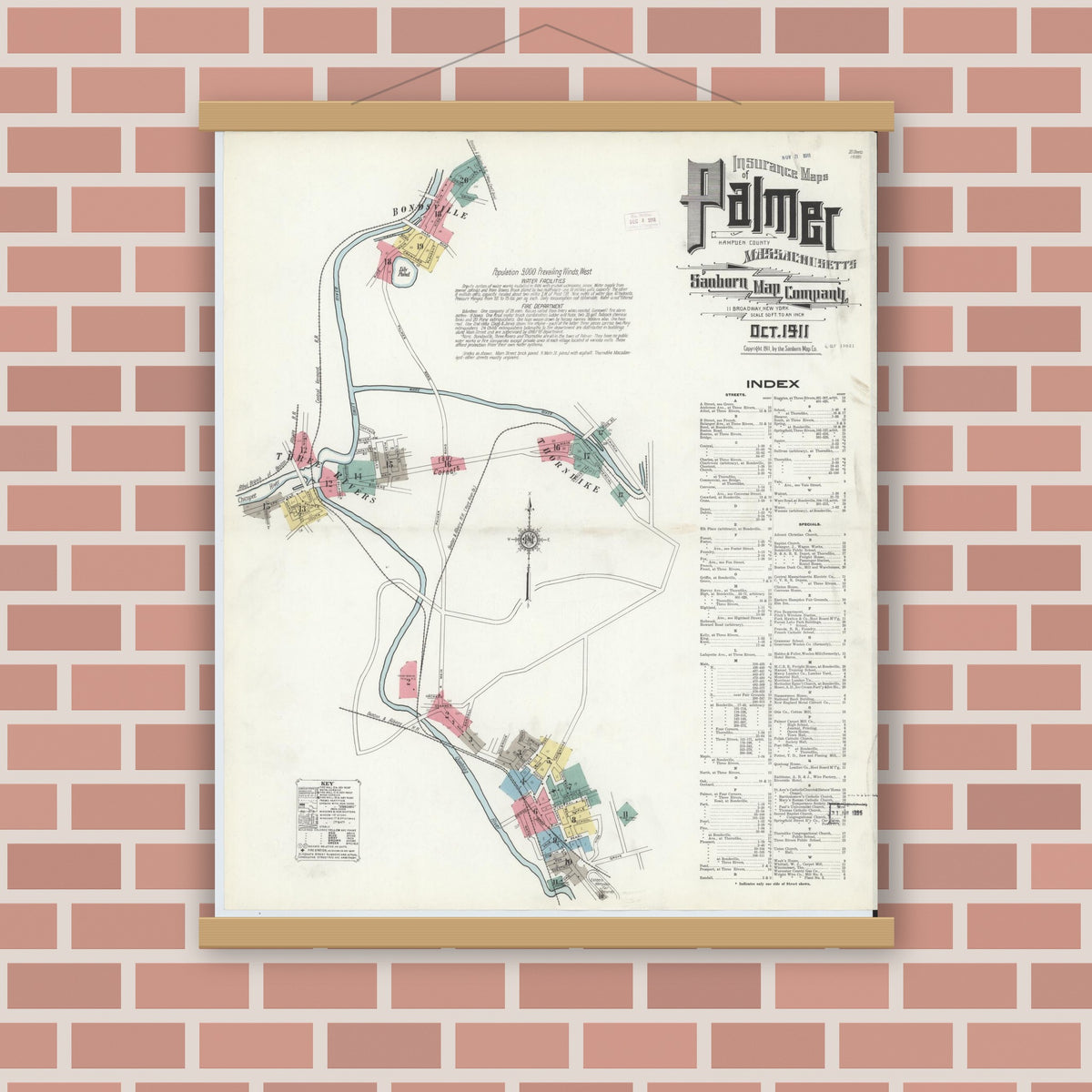 Old map wall art mockup — magnetic wood frame on brick wall — Sanborn Fire Insurance Map from Palmer, Hampden County, Massachusetts (1911) - Complete Map Set