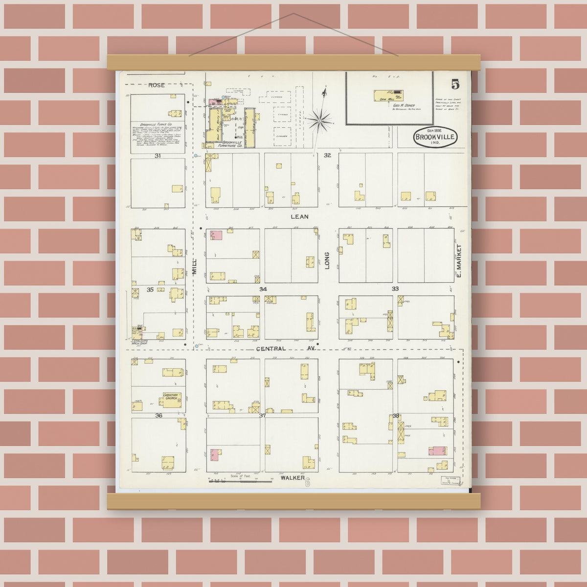 Old map wall art mockup — magnetic wood frame on brick wall — Sanborn Fire Insurance Map from Brookville, Franklin County, Indiana (1892), Sheet #0005