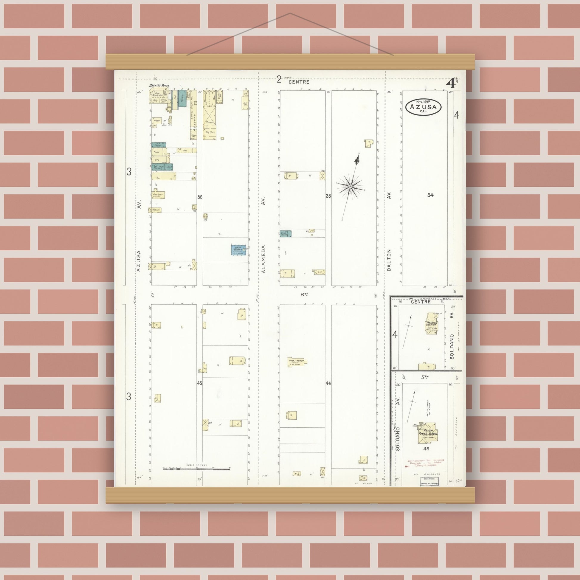 Old map wall art mockup — magnetic wood frame on brick wall — Sanborn Fire Insurance Map from Azusa, Los Angeles County, California (1897), Sheet #0004