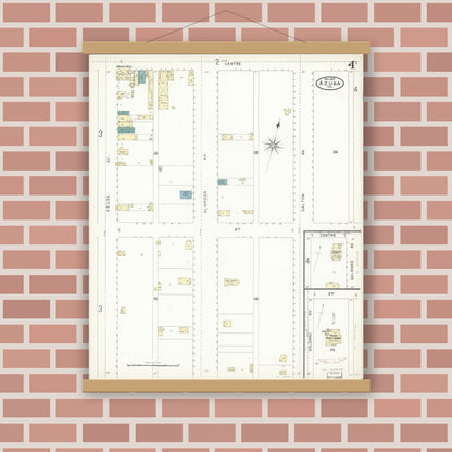 Old map wall art mockup — magnetic wood frame on brick wall — Sanborn Fire Insurance Map from Azusa, Los Angeles County, California (1897), Sheet #0004