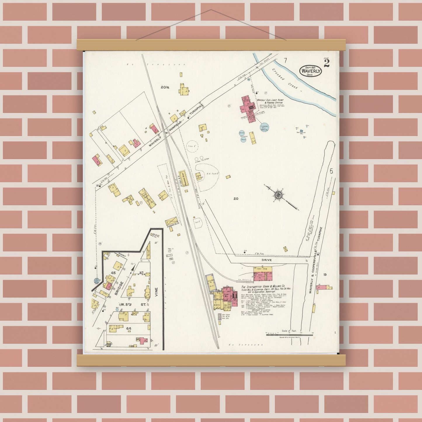 Old map wall art mockup — magnetic wood frame on brick wall — Sanborn Fire Insurance Map from Waverly, Pike County, Ohio (1921), Sheet #0002