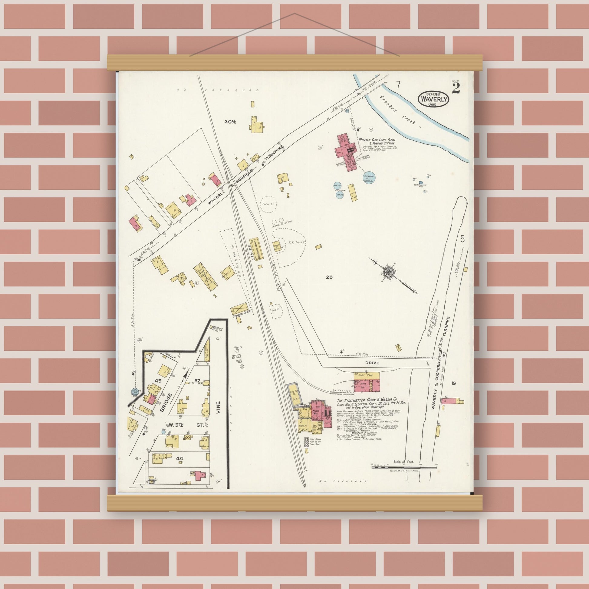 Old map wall art mockup — magnetic wood frame on brick wall — Sanborn Fire Insurance Map from Waverly, Pike County, Ohio (1921), Sheet #0002