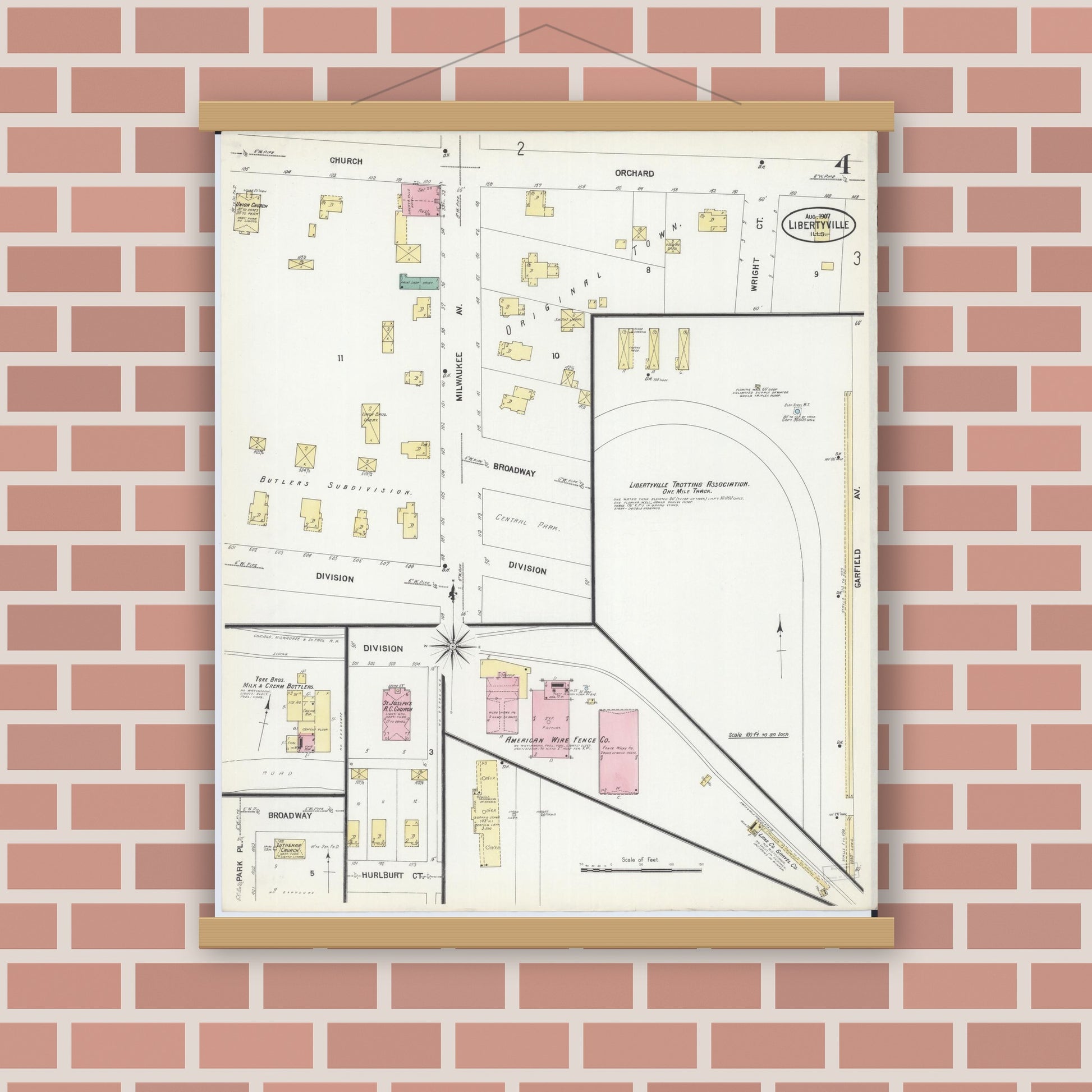 Old map wall art mockup — magnetic wood frame on brick wall — Sanborn Fire Insurance Map from Libertyville, Lake County, Illinois (1907), Sheet #0004